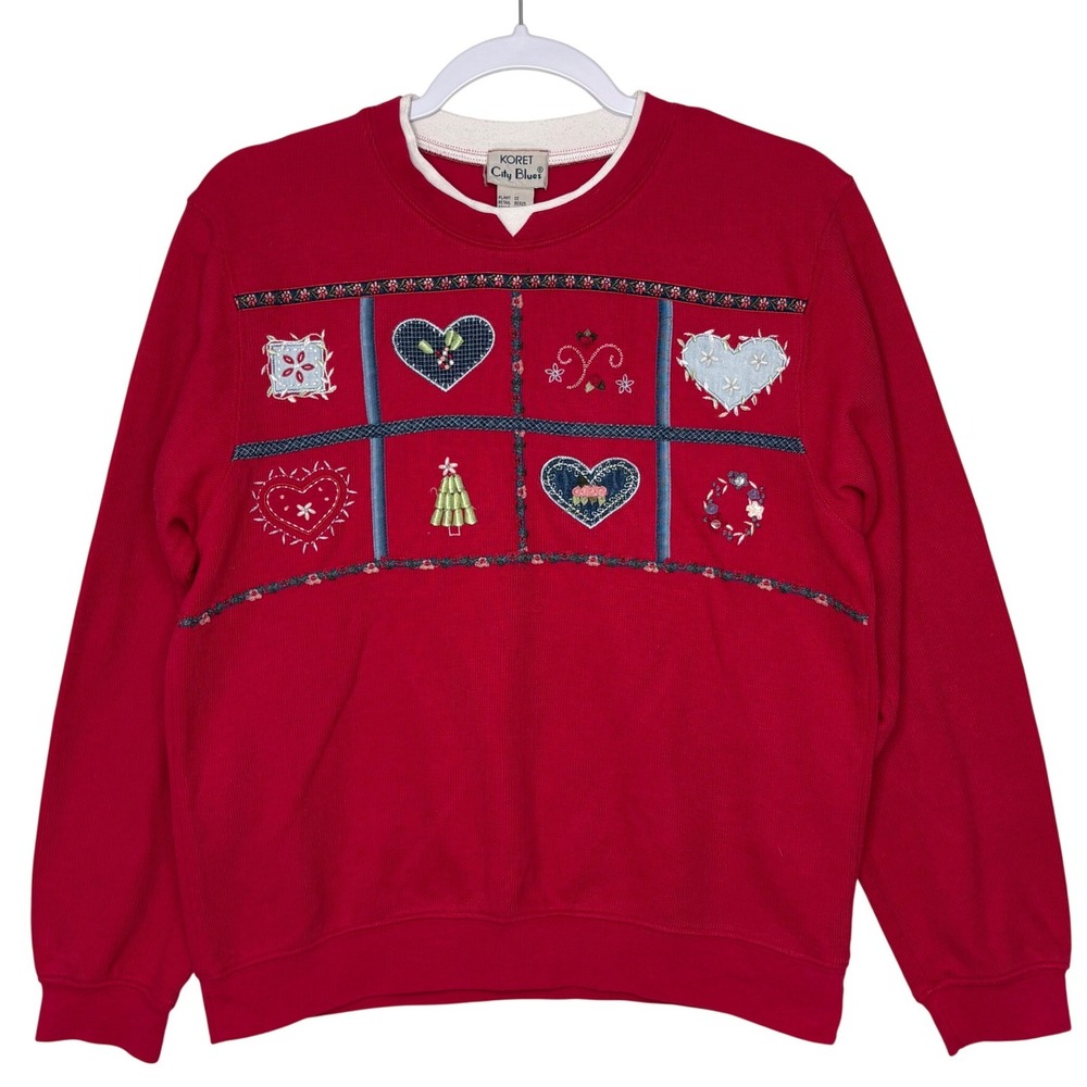Vtg Koret City Blues Embroidered Sweatshirt S Red Grandma Cottagecore 90s Heart
